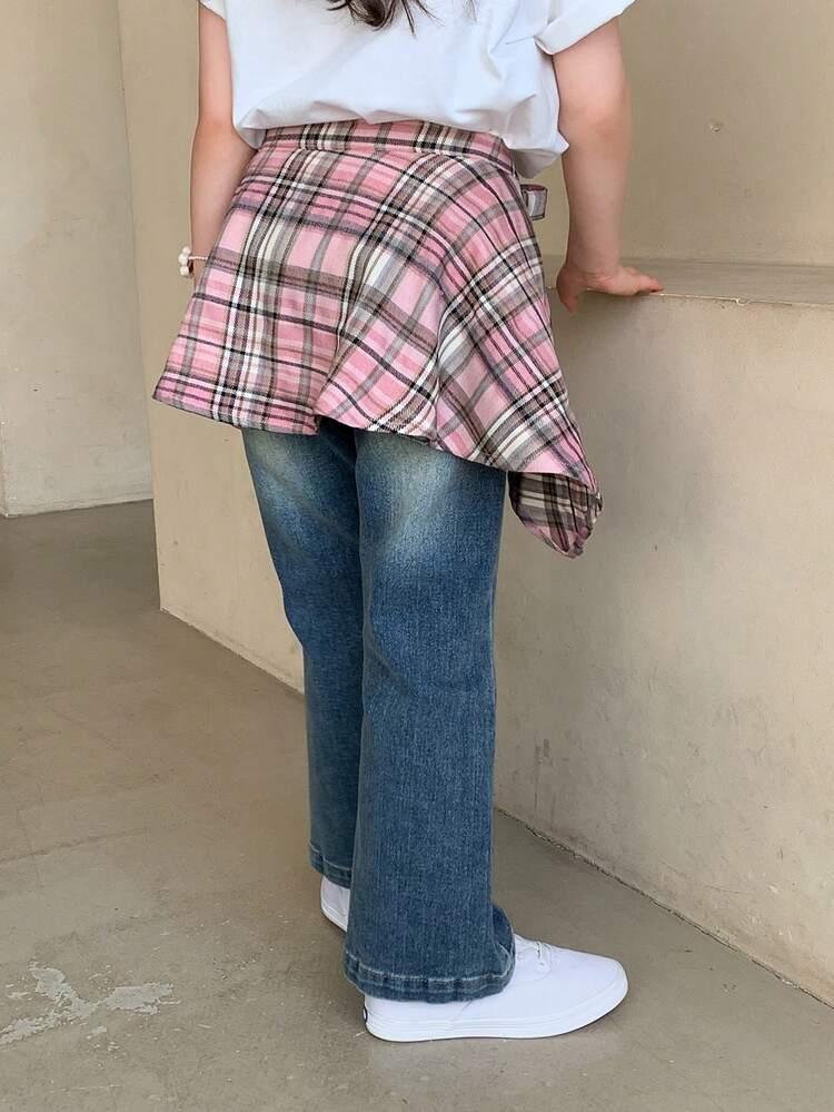 Young Girl Casual Vintage Plaid Asymmetric Hem Skirt, Summer