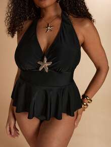 SHEIN BAE Plus Size Tank Top Swimwear Set, Black With Ruffles, Perfect For Beach Vacations And Swimming. Beach Outfits For Women Metal Starfish - Black - View 5