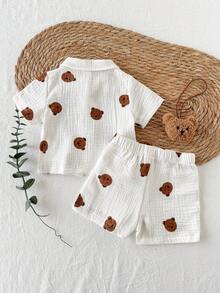 SHEIN Bộ 2 áo liền quần ngắn tay cổ tròn cho bé trai sơ sinh, họa tiết tre, sọc trơn, thêu hình gấu dễ thương, kiểu dáng retro, cài khuy, thích hợp cho các hoạt động ngoài trời hoặc công viên mùa hè. - trắng - Xem 2