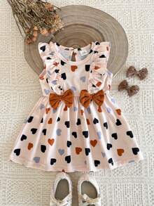 SHEIN Newborn Baby Girls Elegant Cute Heart Pattern Print Bow Decor Ruffle Hem Sleeveless Dress, Suitable For Spring/Summer, Photo Shoot, Wedding, Party, Daily Wear - Multicolor - View 3