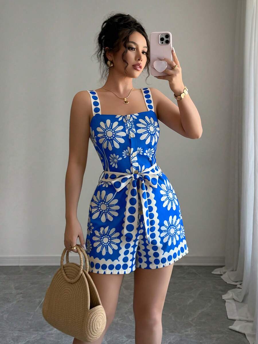 Rafferiza Bộ jumpsuit in họa tiết hoa Dopamine màu cam, thời trang và đa năng dành cho nữ. - Xanh đậm - Xem 1