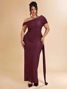 SHEIN BAE Đầm lưới dài ôm sát cơ thể thanh lịch dành cho nữ cỡ lớn, đầm vai bất đối xứng, đầm đỏ cho ngày Valentine. - Màu Đỏ Sâu - Xem 2