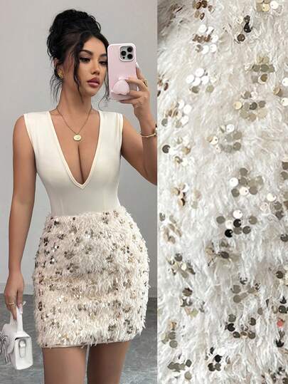 Rafferiza فستان أنيق فاخر بياقة على شكل حرف V وتطريز بالترتر بدون أكمام وضيق للجسم قصير للنساء