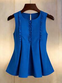 SHEIN LUNE Women's Elegant Casual Sexy Sleeveless Ruffle Trim Pastal Blouse, Summer Office Golf Designer Top Business For Ladies, Elegant Latest Top - Blue - View 4