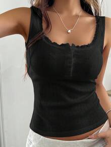 Almamuse Áo tank top nữ màu hồng nhạt thanh lịch, viền ren, dáng ôm, cài 3 nút, thích hợp mặc hàng ngày/đi học/nghỉ hè. Áo đen mùa hè, áo đen ôm dáng, áo corset nữ, áo đen gợi cảm, áo đen dễ thương, áo đen thanh lịch cho nữ, áo hai dây cho nữ, áo nữ mùa hè. - màu đen - Xem 5