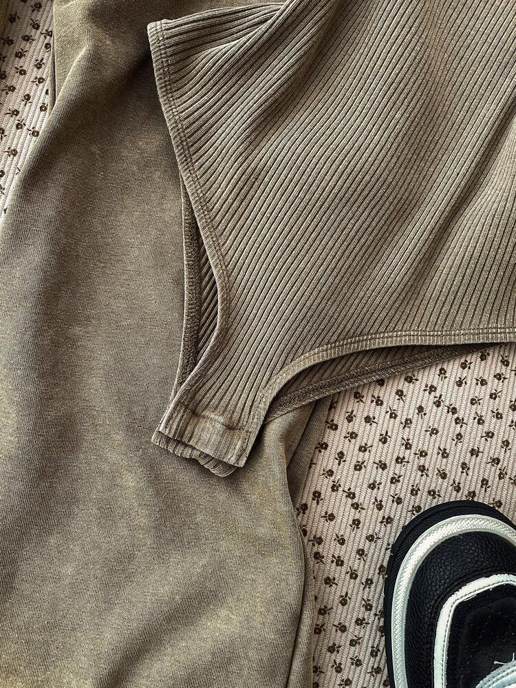 Conjunto de 2 piezas para niña preadolescente: Mono de punto acanalado con bordado de copo de nieve y Nueva York, y pantalones jogger casuales minimalistas retro con estampado de copos de nieve - Caqui - Añade 5