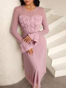 Modelyn 新款设计纹理印花中长连衣裙，粉色，女士，派对装 - 粉色 - 查看 2