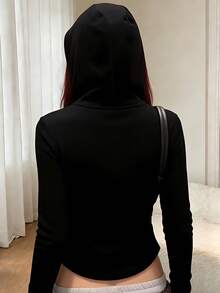 INAWLY 女士纯色常规肩部长袖连帽休闲拉链运动瑜伽外套 - 黑色 - 查看 2