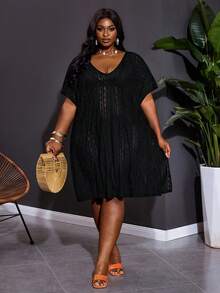 SHEIN CURVE+ Đầm dự tiệc âm nhạc, đi nghỉ mát bên bờ biển, phong cách bohemian dành cho nữ, kiểu dáng rộng rãi, cổ chữ V xẻ tà, chất liệu ren xuyên thấu. - màu đen - Xem 6