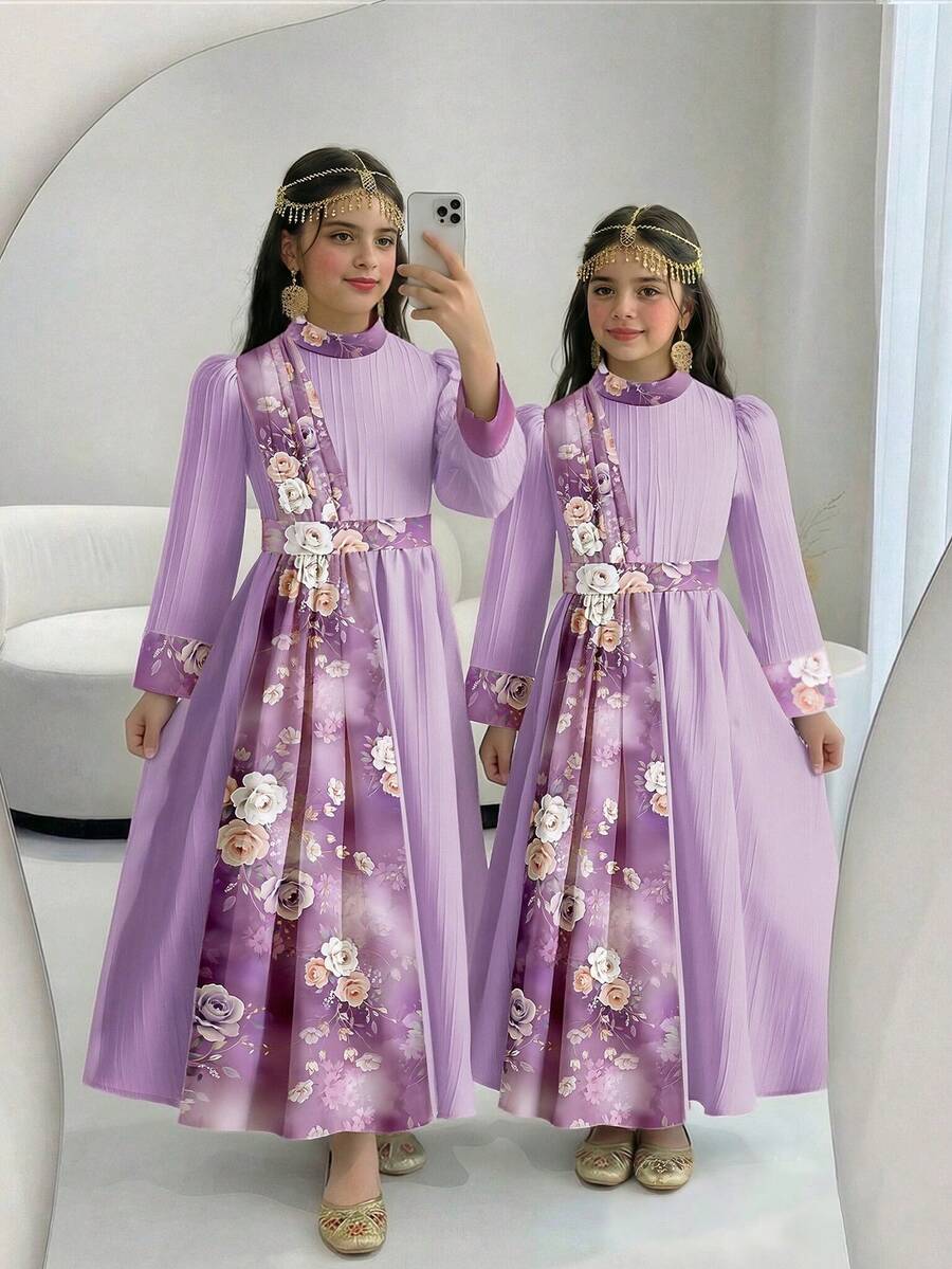 Tween Girls Long Dress With Lavender Purple Base, Contrasting Purple & White Floral Print With Traditional Middle Eastern Motifs - Multicolor - View 1