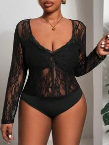 Slaydiva Spring & Summer New Year, Valentine's Day, Party, Banquet, Date, Birthday Party, College Style, Student Wear, Casual Daily Outfit, Basic Versatile, Casual, Cruise Travel, Viral Sensation, Elegant Romantic Sexy Party, Sexy, Square Neck, Lace Trim Collar, Waist Cinching, Black Lace, Sheer, Tight Bodysuit, Autumn/Winter Bodysuit, Sexy Bodysuit, Women's Bodysuit - Black - View 8