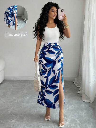 Elenzga 女士优雅修身连衣裙，通体印花，高开衩设计