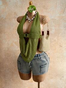 Mistrie Summer Women's Sexy Y2K-Style Deep V-Neck Halter Cami Top - Green - View 6