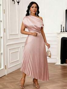 SHEIN Lady 女士纯色褶裥不对称领中长优雅连衣裙 - 粉色 - 查看 4