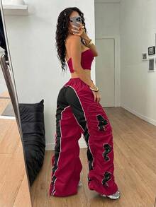 Coolane Dam Sommar Streetwear Ricing Athleisure Nummermönster Slim Fit Crop Tube Top Och Vida Ben Joggingbyxor Tvådelade Outfits - Röd - Visa 6