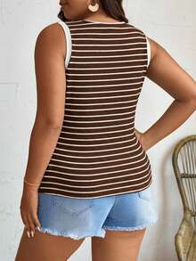 Elaquor Plus Size Women Casual Versatile Round Neck Striped Fitted Tank Top - Coffee Brown - View 2