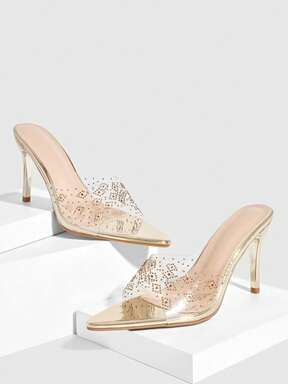 CUCCOO SZL Women Shoes Summer New Light Gold Transparent Film Rhinestone Women's High-Heeled Sandals Fashion Gorgeous Sexy Party Women's Sandals Slippers Spring Shoes Prom Heels Summer Shoes