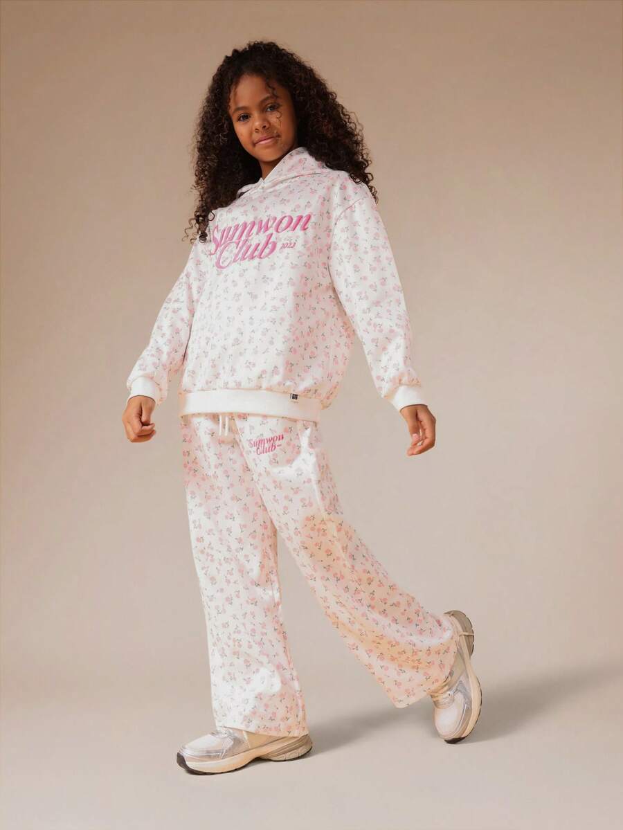 SUMWON Tween Girls Floral Print Hoodie And Sweatpants Co-Ord Set Without Drawstring Hood For Casual Wear - White - View 1