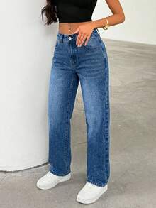 EURMUSE Women's High Waist Pockets Casual Versatile Straight Leg Jeans - Medium Wash - View 4