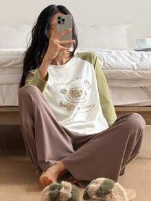 DAZY 2pcs/Set Women English Graphic Loose Contrast Color Raglan Sleeve Side Slit Drawstring T-Shirt And Pants Pajama Set - White - View 4