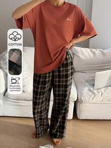 DAZY 宽松字母印花T恤上衣和格子裤睡衣套装 - 棕色 - 查看 3