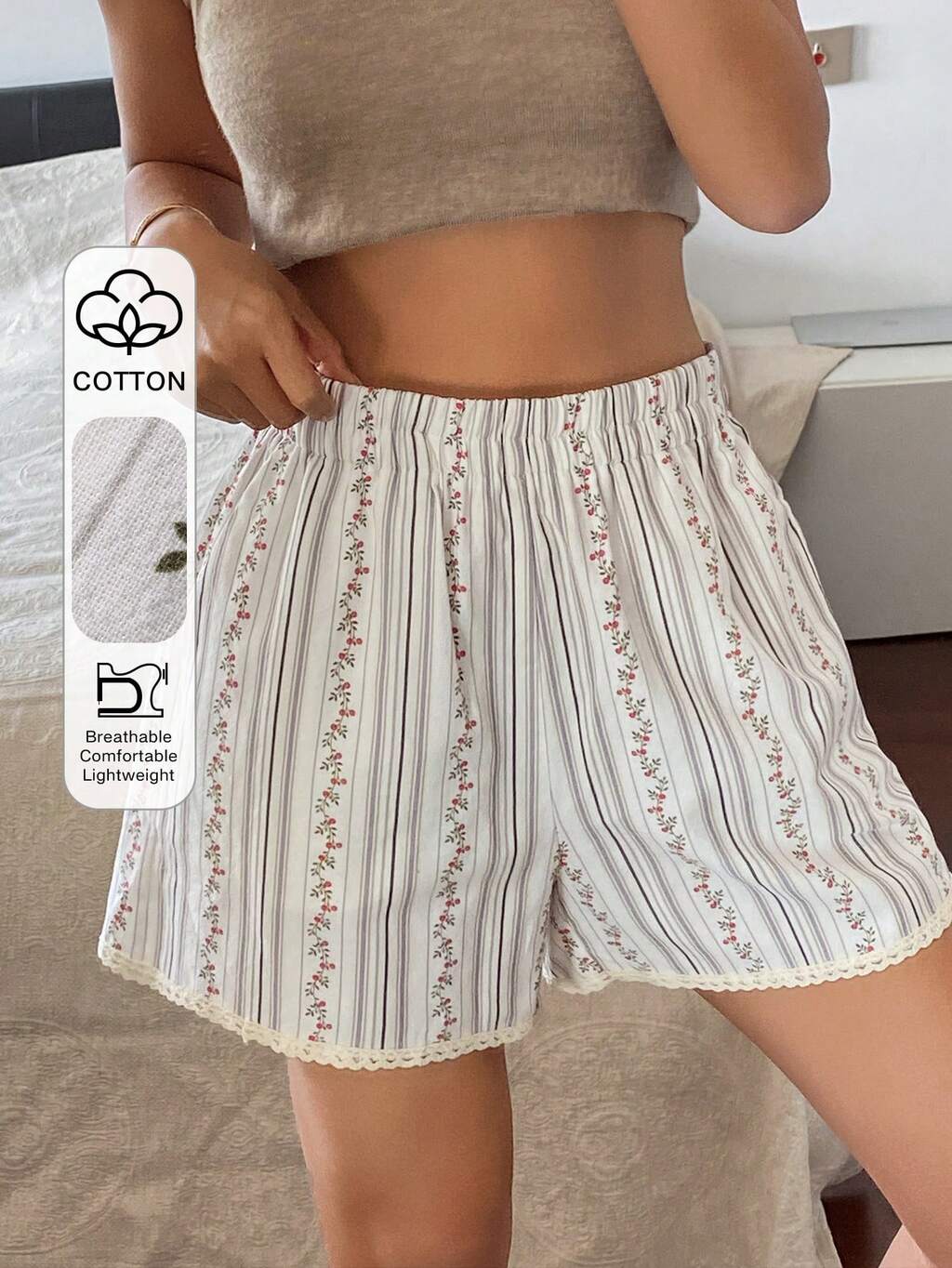 Women's Striped Floral Lace Trim Shorts Pajama Bottom