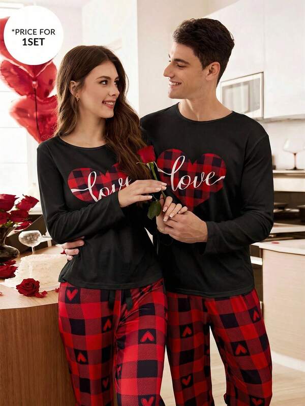 2 piezas Conjunto de pijama a cuadros con estampado de corazón para hombre, ropa de estar en casa para parejas