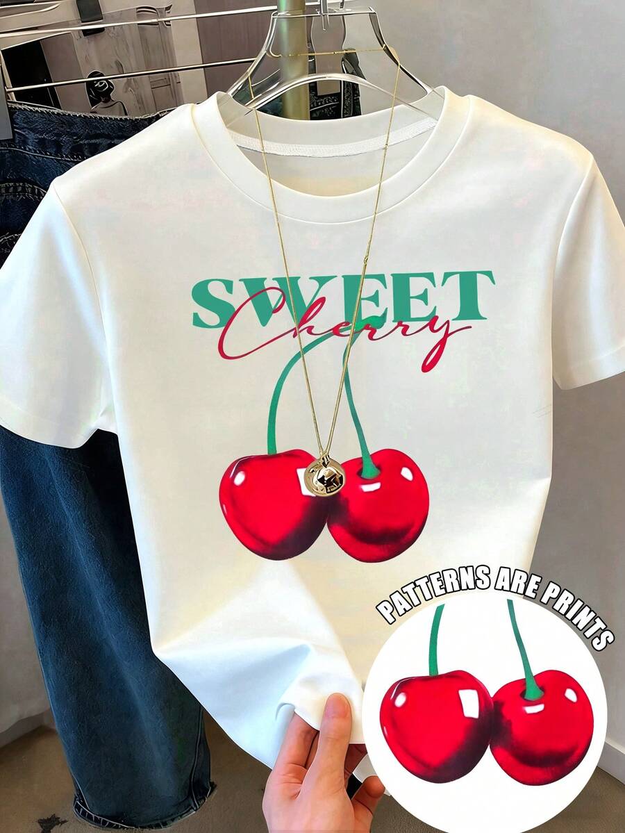 Glimmora Women's Summer Letter & Cherry Blossom Printed Crew Neck Short Sleeve Casual T-Shirt Graphic Tees Women Tops - White - View 1