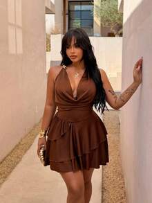 Rustia Plus Size Women's Brown Spaghetti Strap Sleeveless Off Shoulder Plunging Neck Cinched Waist Fitted Short Backless Sexy Summer Dress - Brown - View 5
