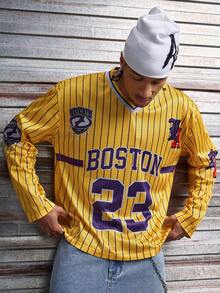 AXEPEAK Áo thun dài tay nam dáng rộng, in chữ, có chun co giãn - Màu vàng - Xem 4