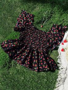 Flirla Plus Size Cute Girl Doll Collar Strawberry Print Blouse - Black - View 2