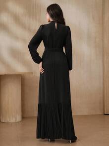 Graceveil Women's Elegant Crystal Decor Lantern Sleeve Dress,Autumn Black And Silver Rhinestone Mock Neck Cinched Waist Black Dress For Dining Blouses Tops - Black - View 6