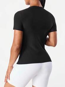 SHEIN Sports 女士时尚弹力圆领短袖紧身卫衣 - 黑色 - 查看 3
