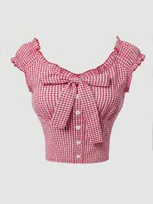 GlowEve Women's Plaid Square Collar Button Ruffle Bow Short Sleeve Blouse, Spring/Summer/Autumn - Red - View 1