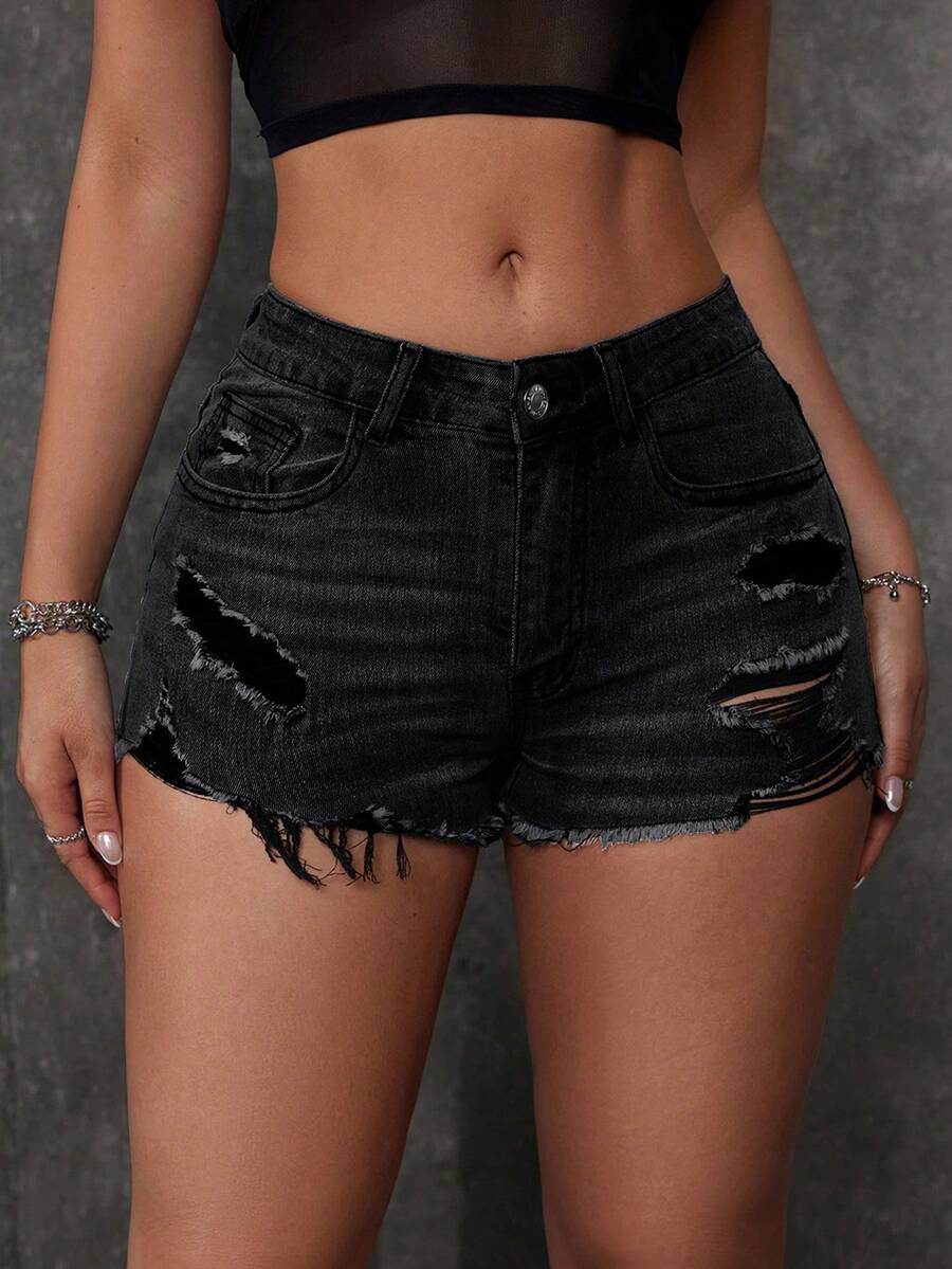 EMERY ROSE Women's Solid Color Minimalist Casual Denim Shorts - Black - View 1