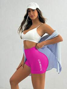 Gameset SHEIN Sport High Waist Fitted Letter Print Breathable Fitness Sexy Tight Shorts Gym White Summer - Hot Pink - View 6