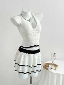 Sweetra 女士性感镂空吊带露脐上衣和针织迷你裙两件套，夏季海滩时尚装扮 - 黑與白 - 查看 5