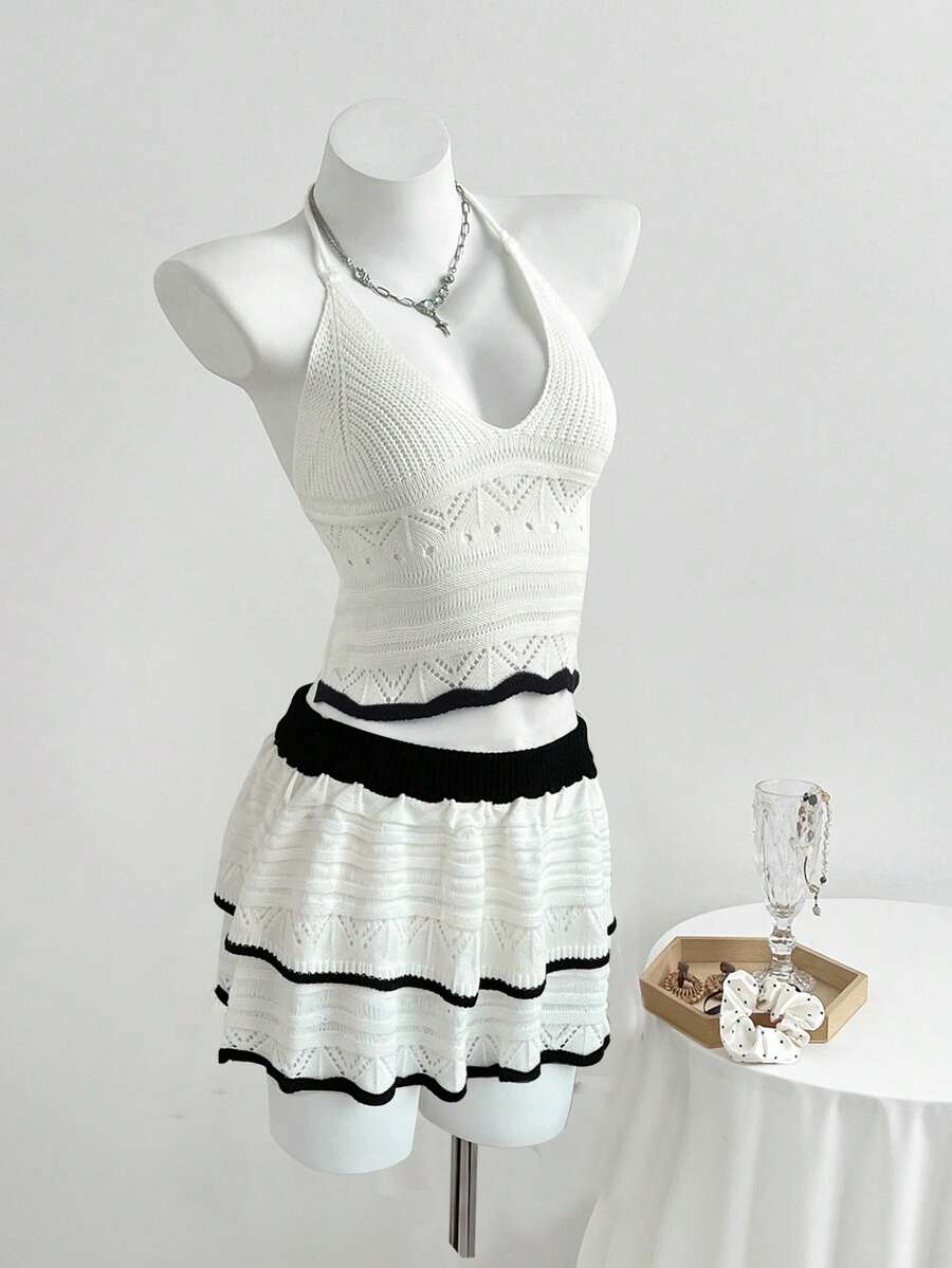 Sweetra 女士性感镂空吊带露脐上衣和针织迷你裙两件套，夏季海滩时尚装扮 - 黑與白 - 查看 1