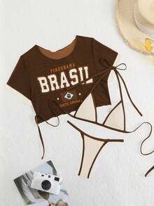 Swim SXY Bộ 3 món gồm bikini hai mảnh cổ yếm phối viền tương phản nhiều màu và áo khoác ngoài không tay dáng ngắn. - Nhiều màu - Xem 7