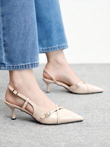 CUCCOO BIZCHIC Women's High-Heeled Shoes, Patent Leather Beige Pointed Stiletto Sandals, Cross-Strap Metal Buckle Shoes, Gentle Wind Commuting Dating Texture High Heels - Beige - View 5
