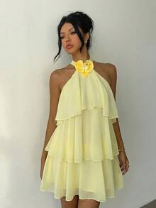 Aloruh 3D Floral Decor Multi-Tier Ruffle Hem Cake Dress ,Summer Dress - Yellow - View 6