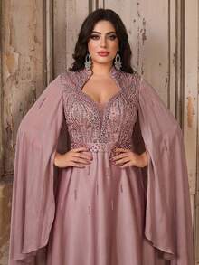 Aureia 大码优雅奢华莲花粉色中式立领不规则荷叶袖串珠亮片刺绣腰带A字裙摆连衣裙，适合晚宴、盛会、婚礼、正式场合（装饰繁复） - 藕粉色 - 查看 5