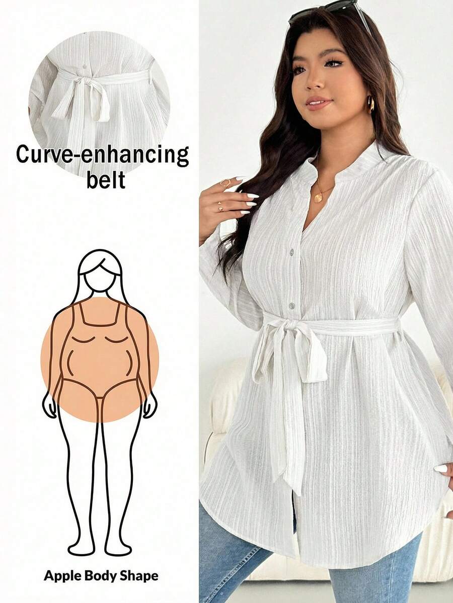 Shapeblank 大码女式秋冬时尚休闲宽松舒适日常纹理面料长袖衬衫,金属扣系带收腰设计,袖子可调节,秋季穿搭,女士衬衫,工作上衣 - 白色 - 查看 1