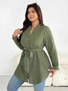 SHEIN Essnce 大码女式秋冬时尚休闲宽松舒适日常纹理面料长袖衬衫，金属扣系带收腰设计，袖子可调节，秋季穿搭，女士衬衫，工作上衣 - 薄荷綠 - 查看 7