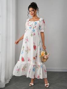 Momance Đầm bầu dáng ngắn cổ vuông tay cánh hoa in hoa, phong cách nghỉ hè. - Nhiều màu - Xem 4