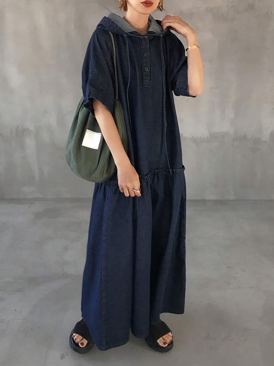 FRIFUL 女士休闲宽松短袖连帽牛仔连衣裙，夏季 - 藍色 - 查看 1