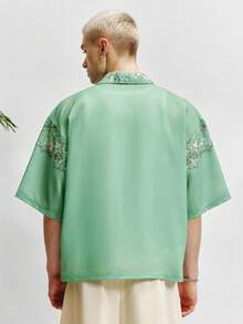 TOKVUE 男士休闲度假植物印花翻领宽松衬衫，夏季 - 綠色 - 查看 7