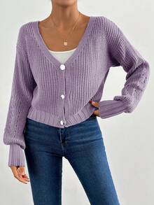 SHEIN Cottnline Casual Solid Color Drop Shoulder Cardigan, Autumn - Lilac Purple - View 3