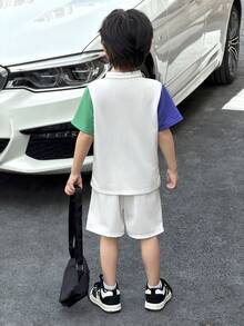SHEIN 2-Pack Young Boys' Casual Sports Retro Loose-Fitting POLO Shirt And Shorts Set,Multi-Color Stitching Japanese & Korean Style Summer Kids Outfits - White - View 3
