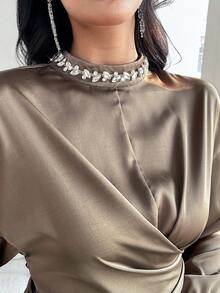 Modelyn Women's Elegant Rhinestone Decor Stand Collar Wrap Hem Cinched Waist Top And Skirt 2 Pieces Set, Spring/Autumn - Brown - View 3